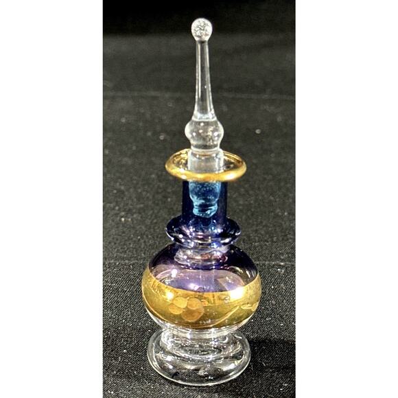 Hand Blown Egyptian Glass Perfume Bottle Blue Purple Gold Mini Genie 3” - Picture 3 of 6
